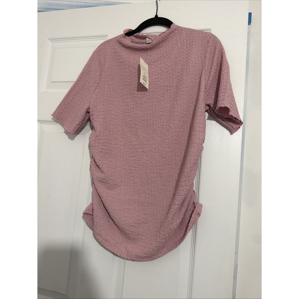 A New Day Womens Top XL Pink Textured Mock Neck Short Sleeve Blouse NWT